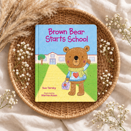 Livre pour enfants : Brown Bear starts School, couverture bleue avec ours