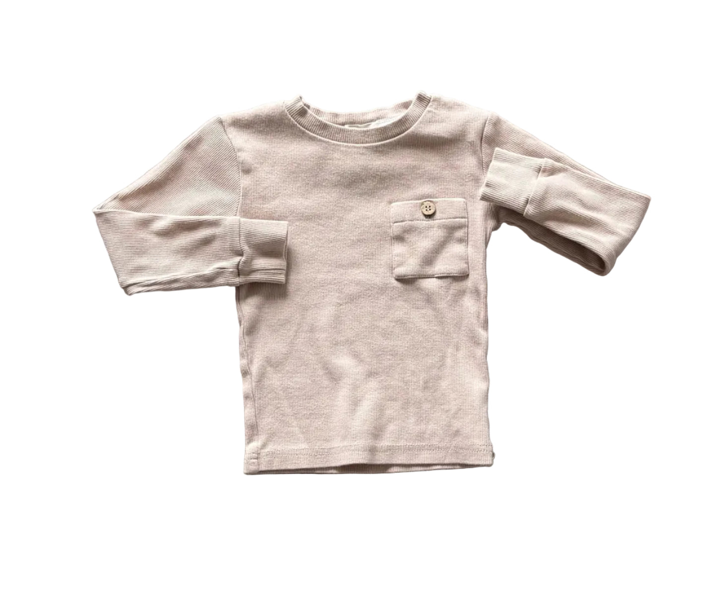 Chandail taupe à manches longues 1-2 ans, col rond, poche poitrine