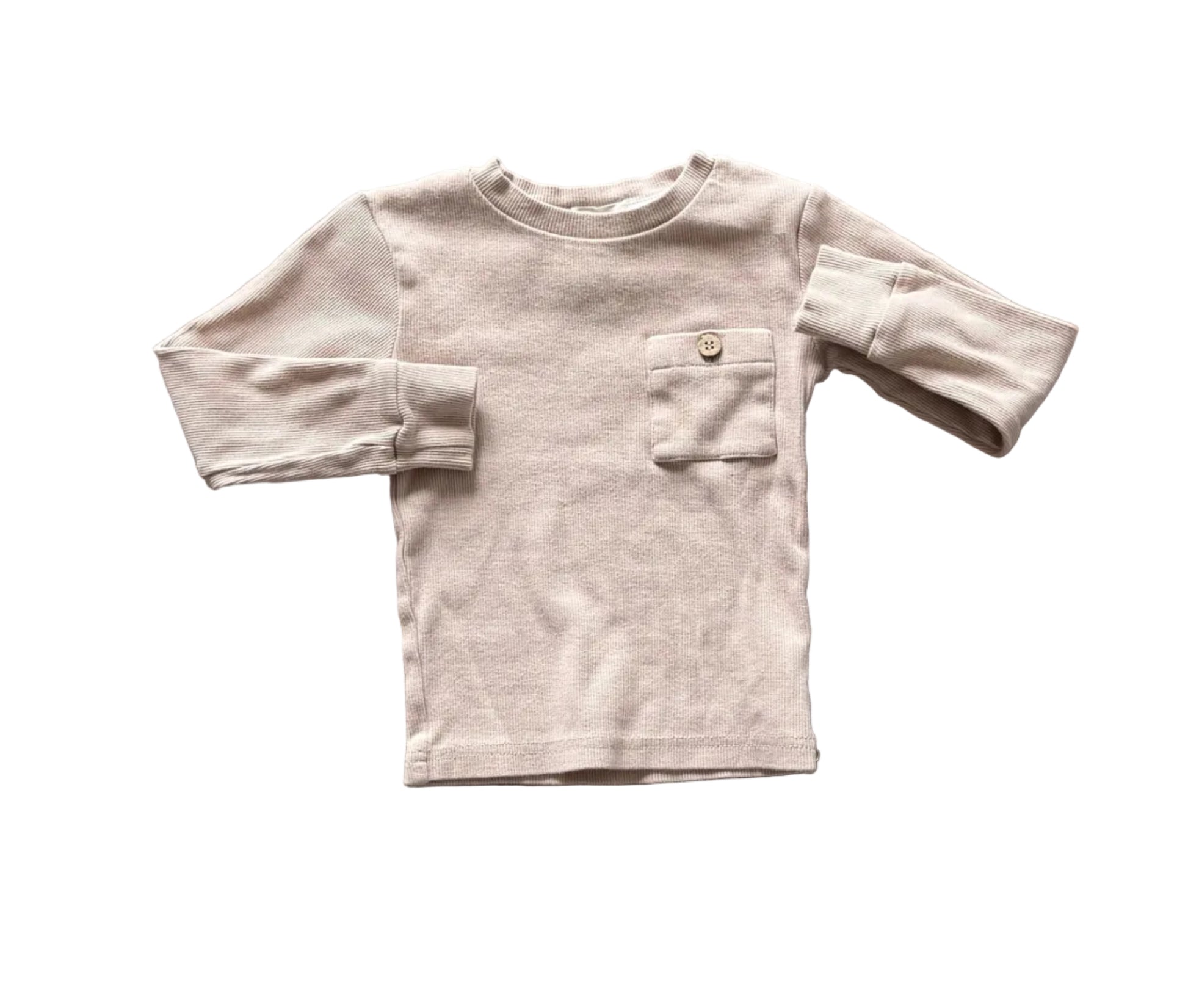 Chandail taupe à manches longues 1-2 ans, col rond, poche poitrine