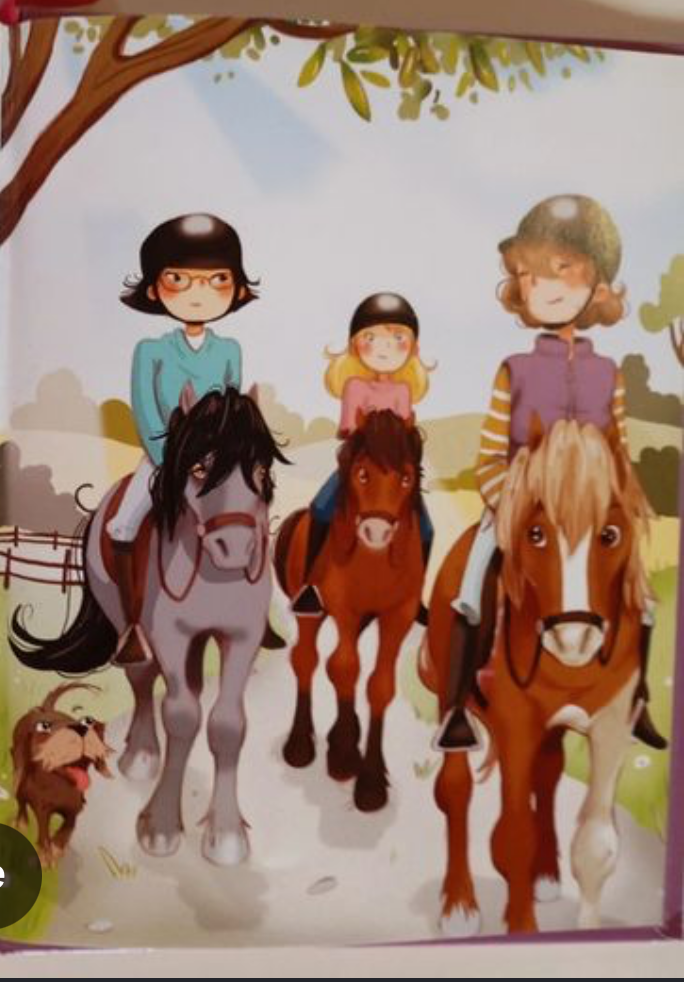 Page intérieure de livre jeunesse avec trois enfants et plusieurs poneys dessinés