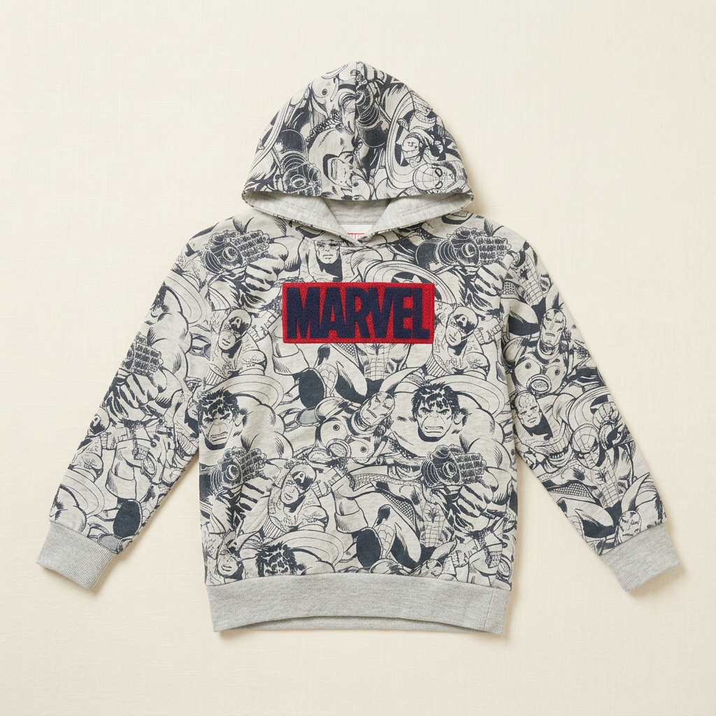 Chandail à capuche enfant Marvel, fond clair avec graphismes noirs, logo rouge