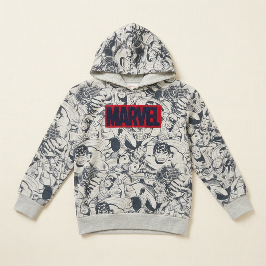Chandail à capuche enfant Marvel, fond clair avec graphismes noirs, logo rouge
