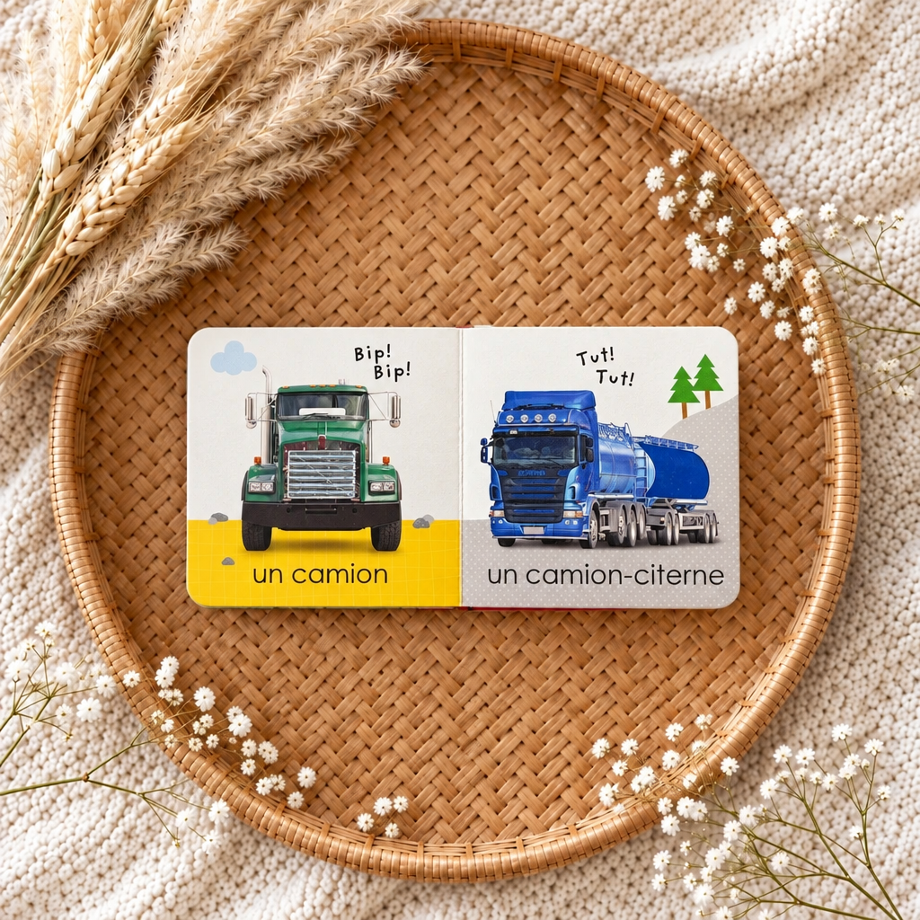 Livre jeunesse Les camions, couverture avec un camion et un camion-citerne