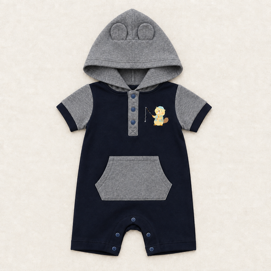 Combinaison bébé à capuche, bleu marine et gris, poche kangourou, fermeture boutonnée, motif écureuil