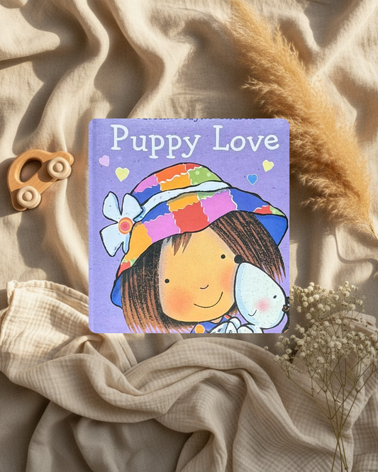 Livre illustré enfant, couverture violette « Puppy Love » avec dessin de chiot