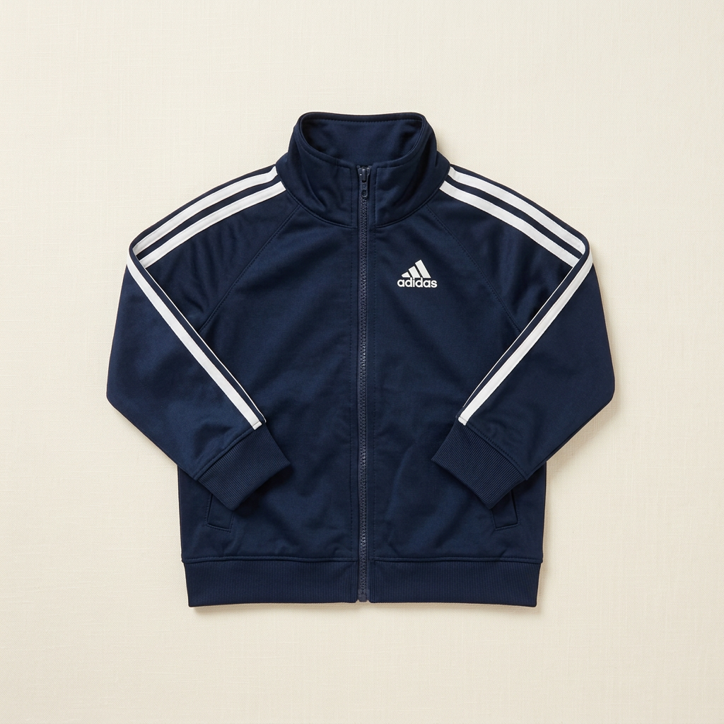 Veste bébé Adidas marine zippée, col montant, logo poitrine et bandes contrastées