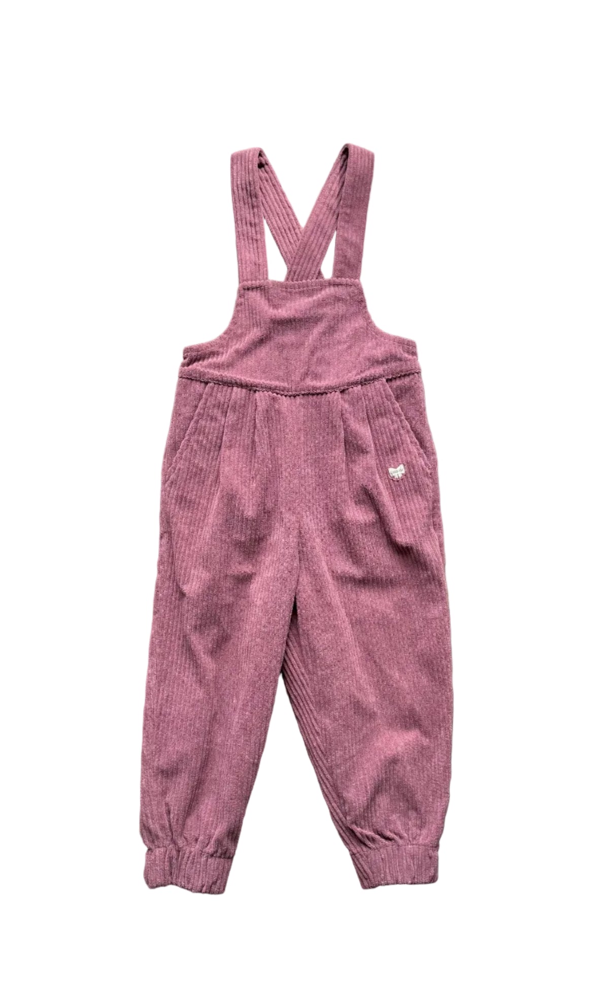 Salopette Souris Mini 5 ans en velours côtelé mauve, bretelles croisées