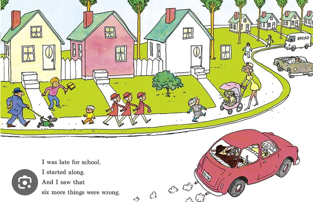 Page du livre Dr.Seuss : école, rues et voiture rouge, texte au bas de la page.