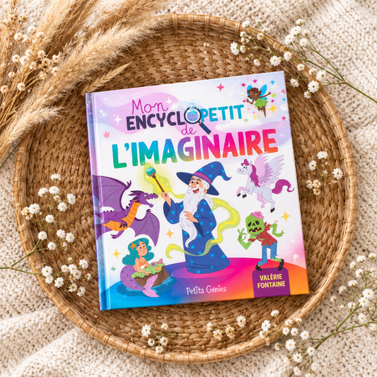 Livre Petit de l’imaginaire, couverture violette avec magicien, licorne et étoiles.