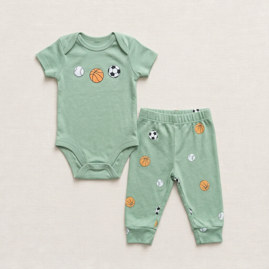 Ensemble bébé 3 mois 2 pièces : body manches courtes et pantalon vert matcha, motifs ballons