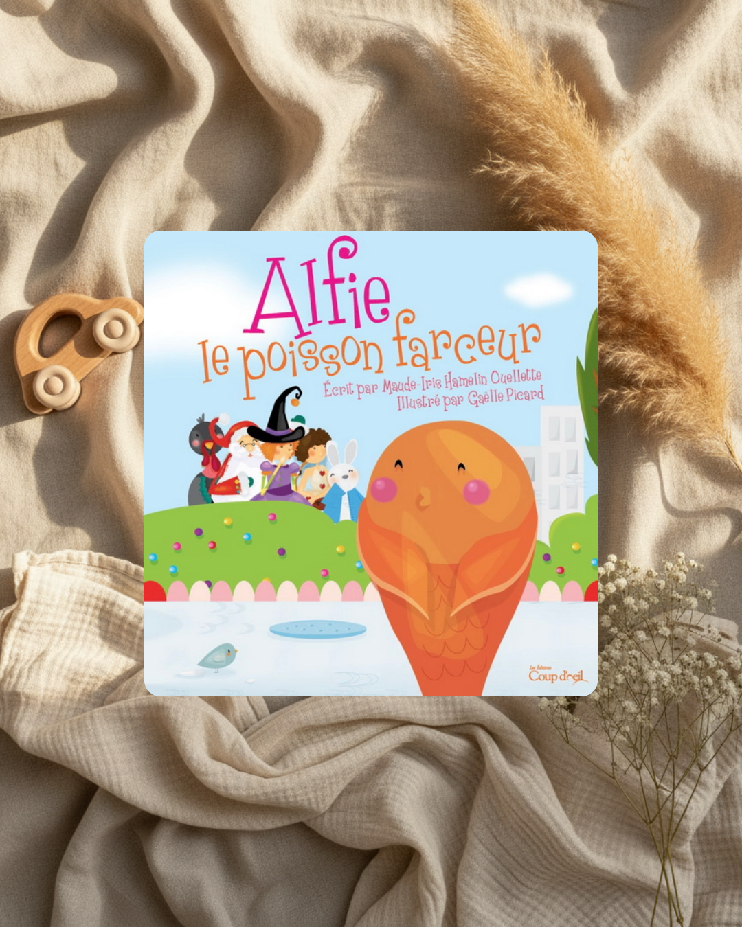 Livre jeunesse à couverture illustrée, poisson farceur et glace orange