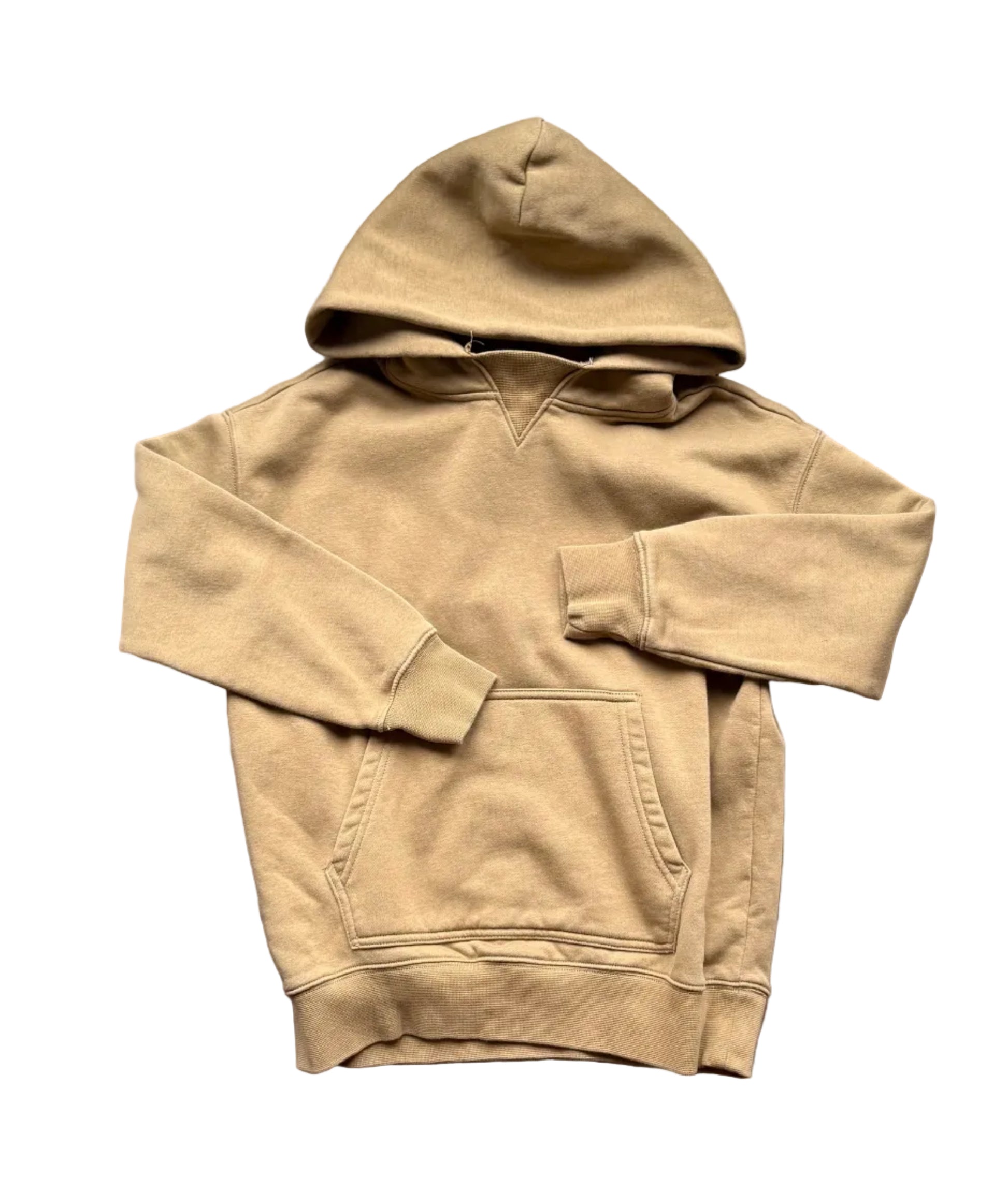 Sweat à capuche enfant brun, manches longues, poche kangourou et cordon.