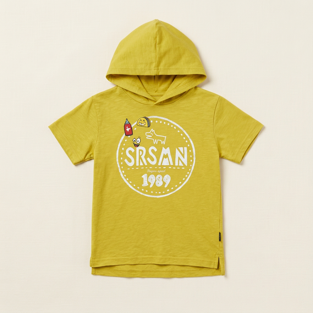 T-shirt enfant jaune à capuche, manches courtes, grand imprimé rond Souris Mini