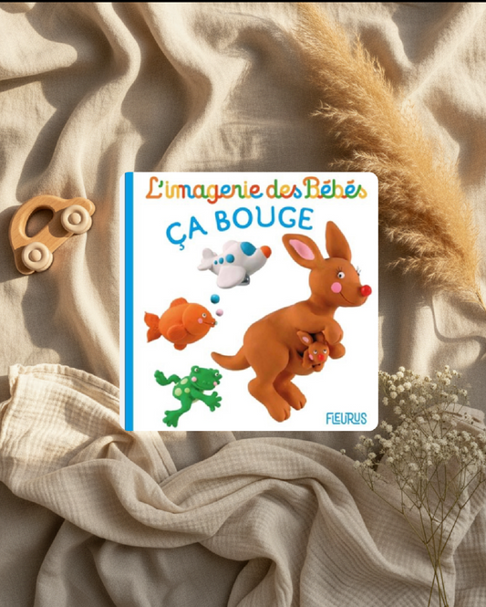 Livre jeunesse couverture illustrée, lapin et animaux, ça bouge.