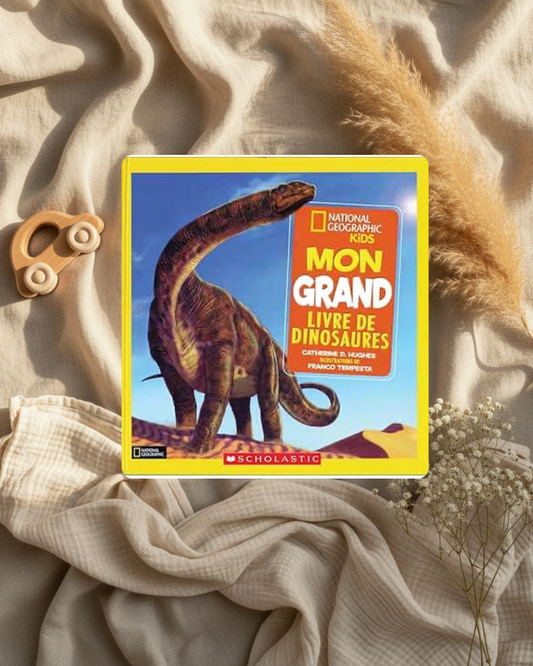 Livre enfant de dinosaures à couverture jaune, avec grand brachiosaure