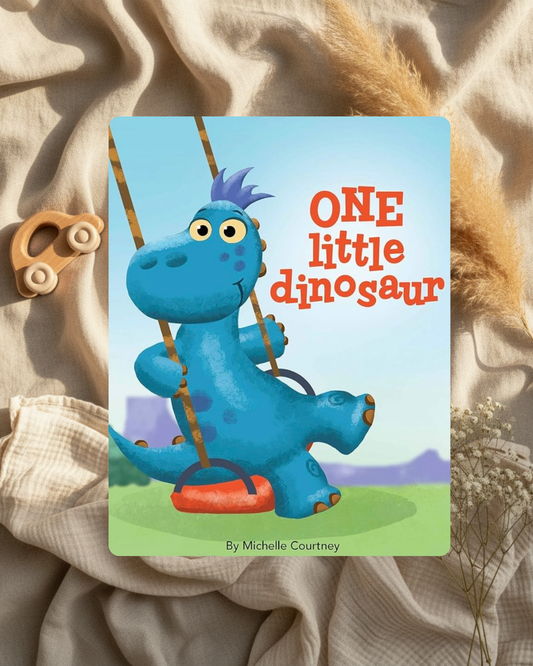 Livre pour enfant, couverture avec dinosaure bleu et titre "One little dinosaur"