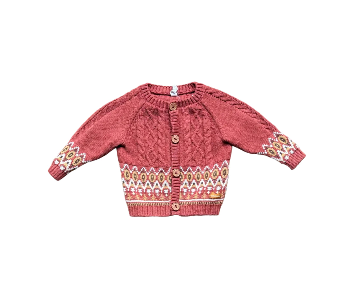 Gilet bébé 6-9 mois rose, boutons devant, maille côtelée et motif jacquard coloré