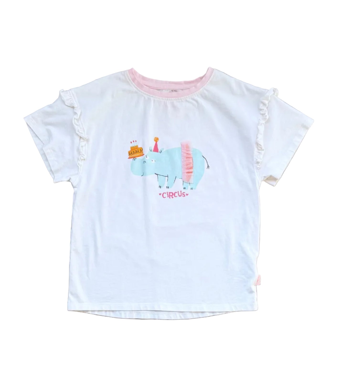 T-shirt blanc col rond à volants, imprimé cirque coloré