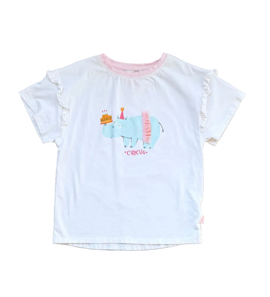 T-shirt blanc col rond à volants, imprimé cirque coloré
