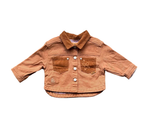 Veste bébé brun en velours, boutons pression, 2 poches à rabat, broderie, manches longues