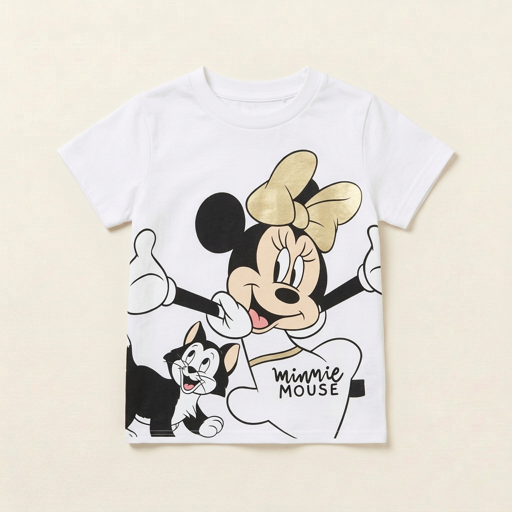 T-shirt enfant blanc à manches courtes, illustration Mickey et Minnie imprimée devant