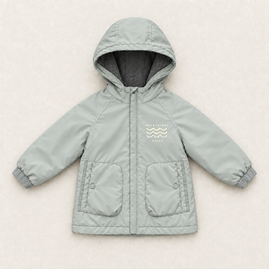 Manteau Zara 3 ans matelassé à capuche, vert gris, fermeture zippée et poches