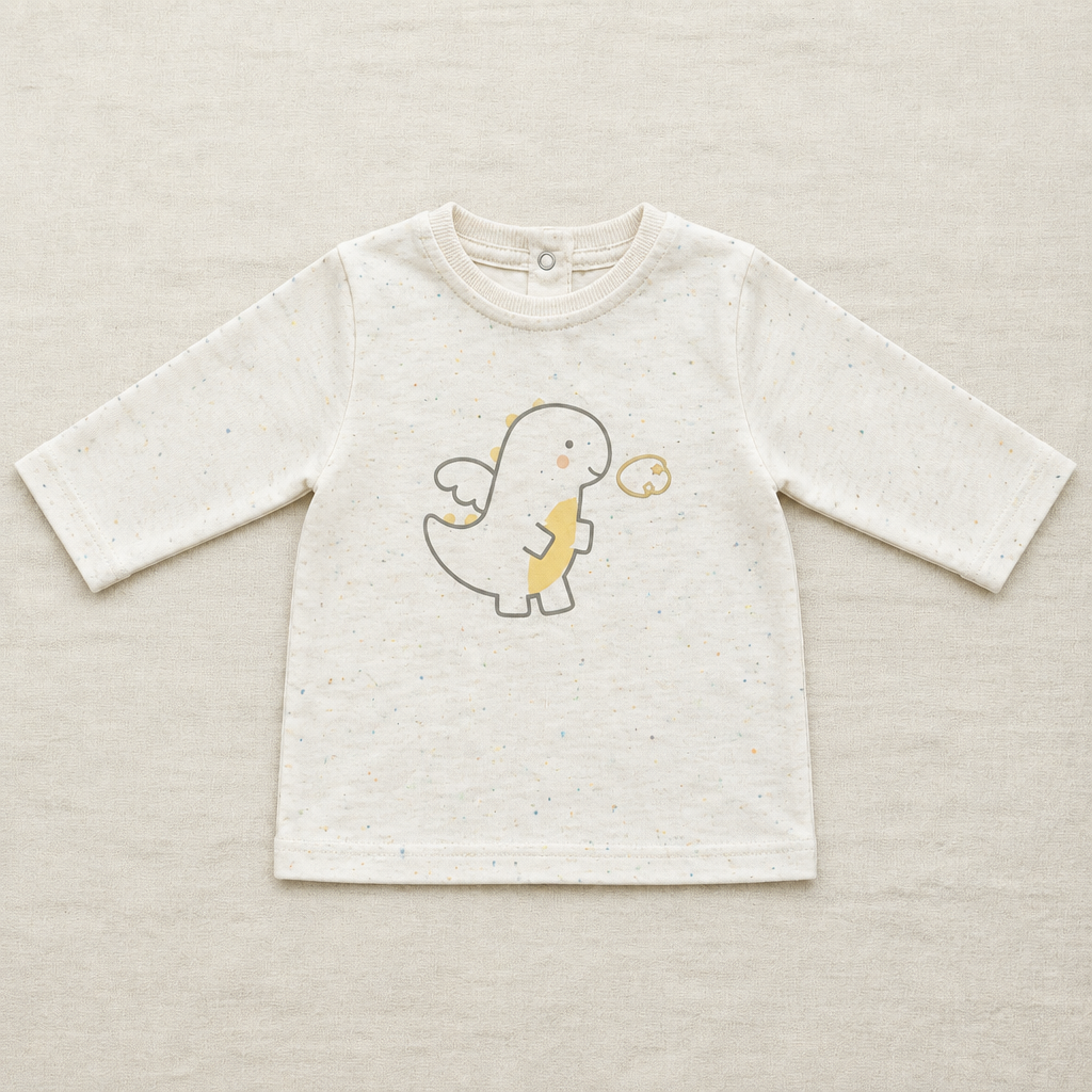 Chandail bébé blanc cassé à manches longues, col rond et dinosaure illustré, en coton