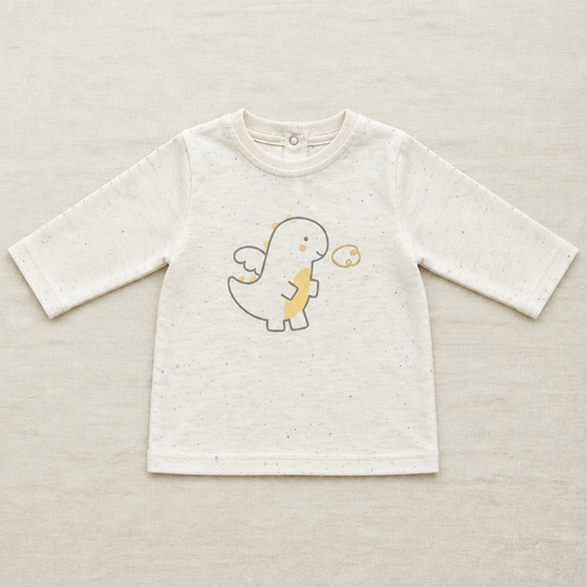 Chandail bébé blanc cassé à manches longues, col rond et dinosaure illustré, en coton