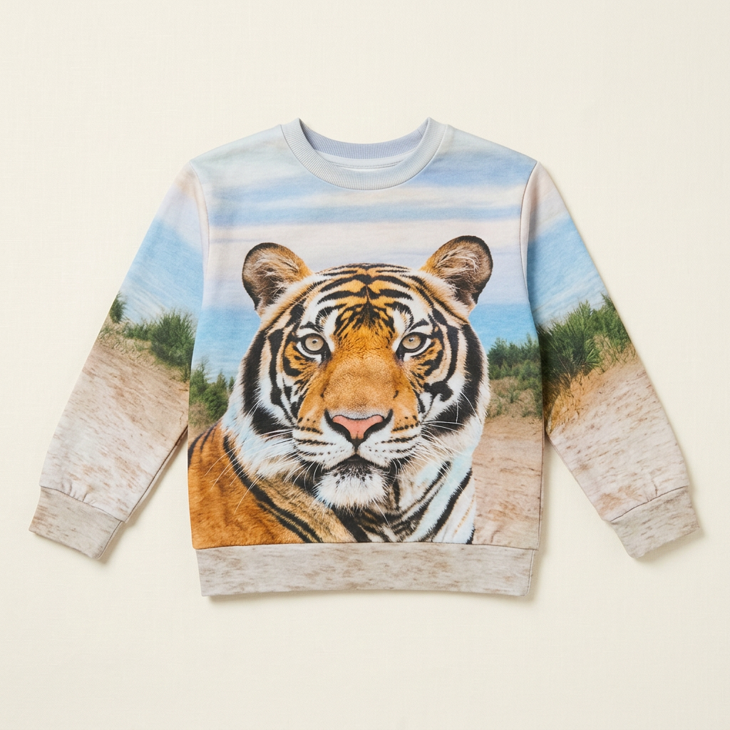 Chandail enfant H&M bleu clair, manches longues, motif tigre en gros plan.