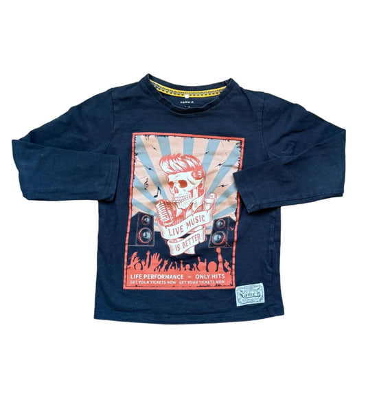T-shirt marine 7-8 ans manches longues avec imprimé crâne et musique