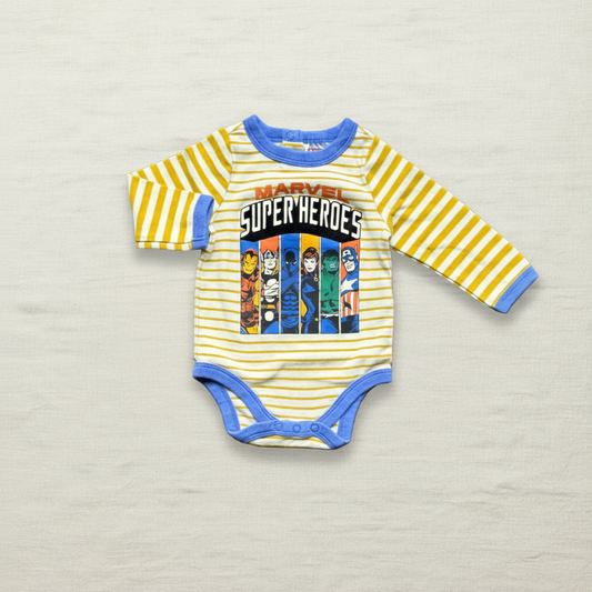 Body bébé à manches longues rayé jaune et blanc, imprimé super-héros Marvel, 9-12 mois