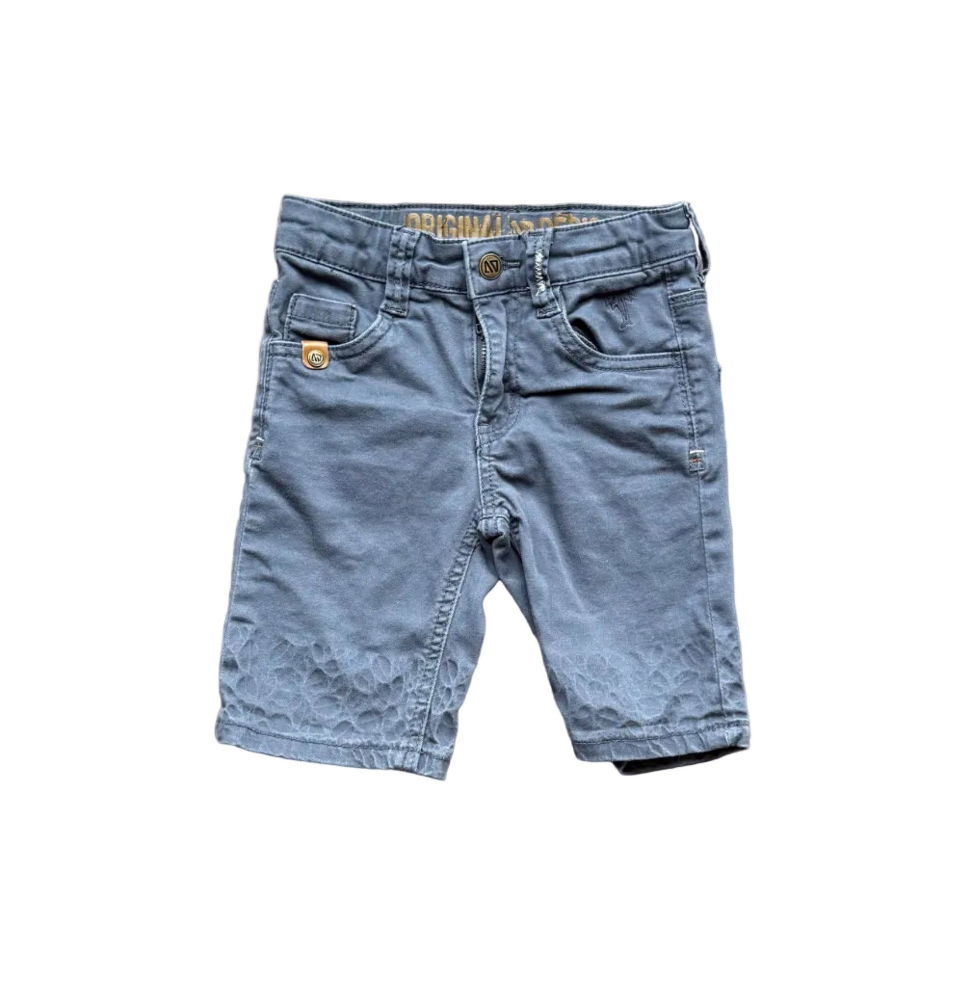Short en jean bleu pour enfant, poches côté, fermeture zippée