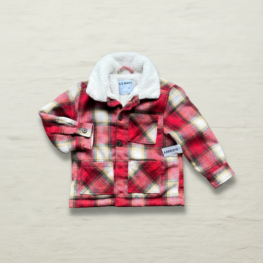 Manteau Old Navy à capuche en fausse fourrure, à carreaux rouge, 3 ans.