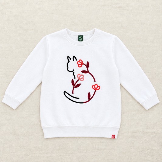 Chandail blanc à manches longues, motif chat rouge et noir sur le devant