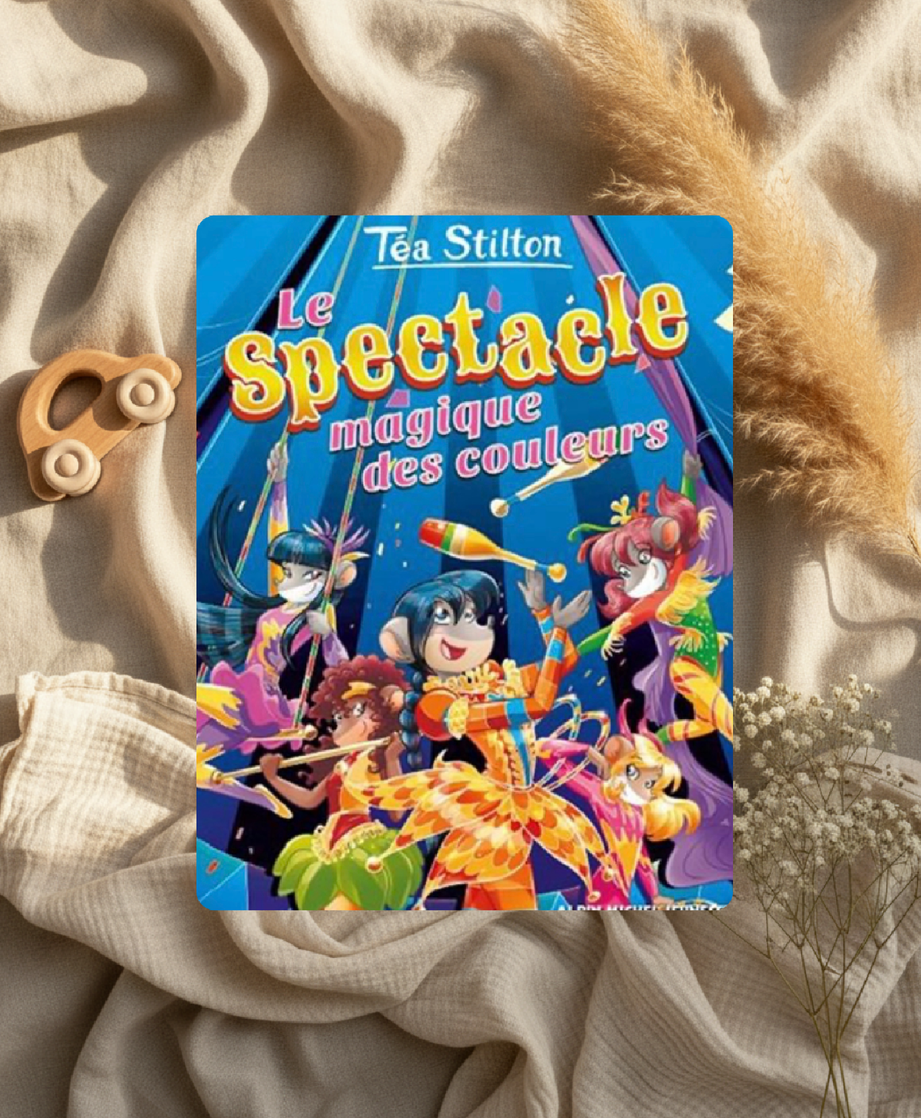 Livre jeunesse Téa Stilton, couverture « Le Spectacle » aux couleurs vives et personnages.