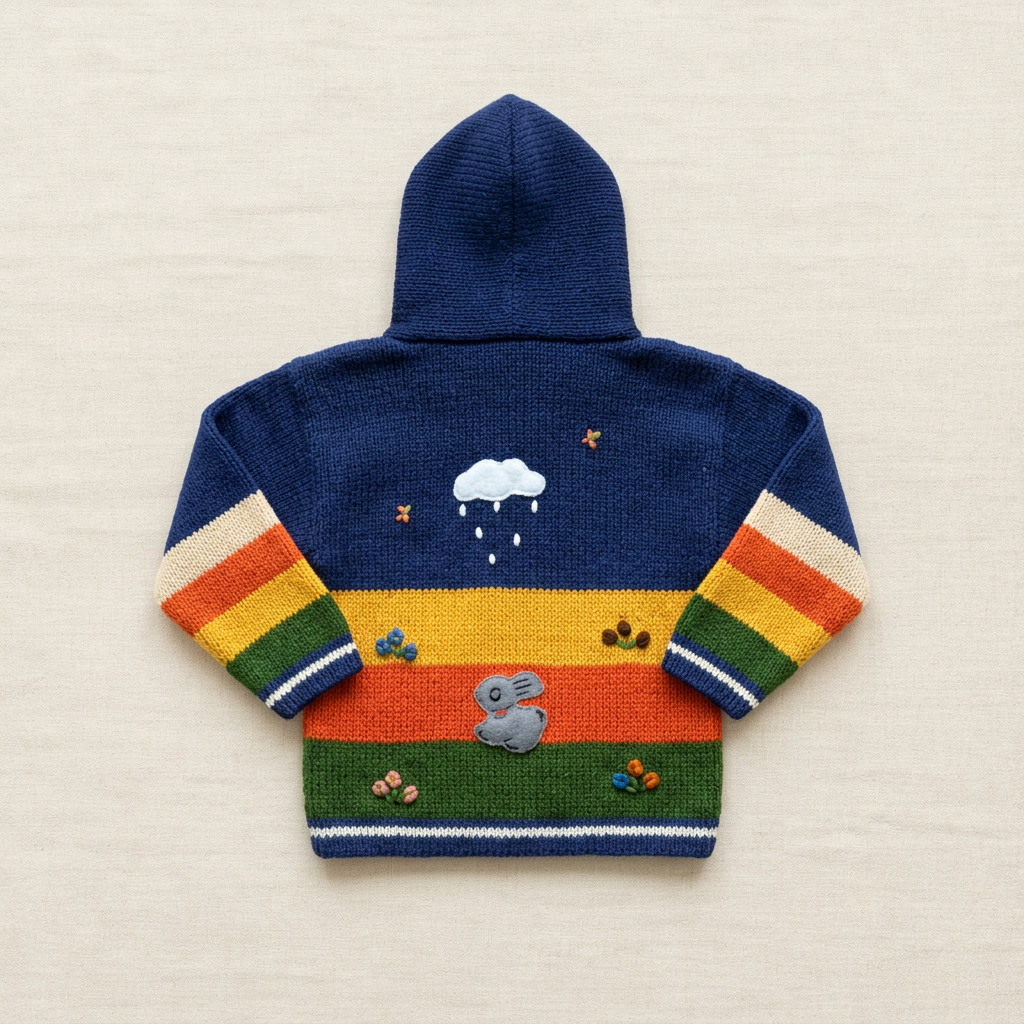 Veste à capuche bébé en tricot bleu nuit, motifs d’animaux et pluie arc-en-ciel