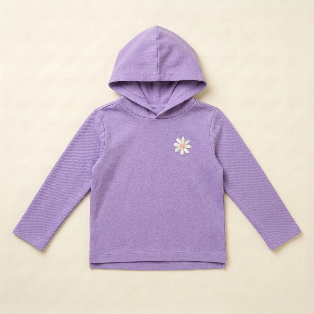 Chandail à capuchon violet clair pour enfant, manches longues, appliqué fleur.
