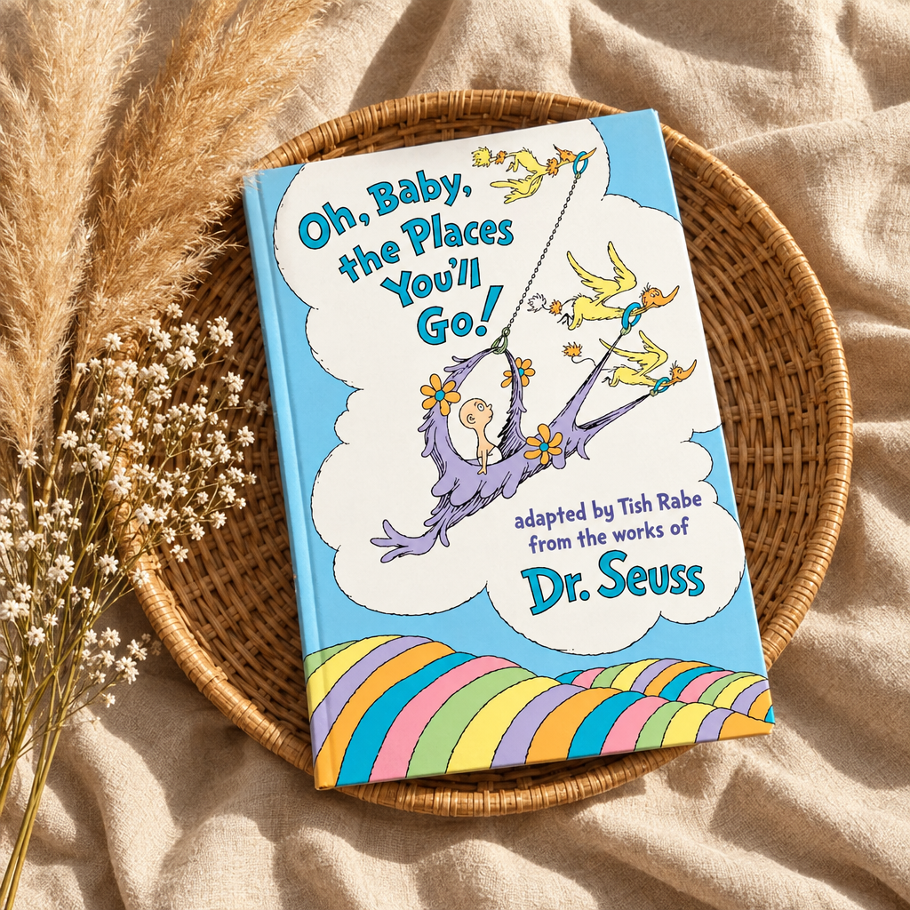 Livre pour bébé, couverture bleue avec illustrations d’animaux et texte « Oh, Baby… »