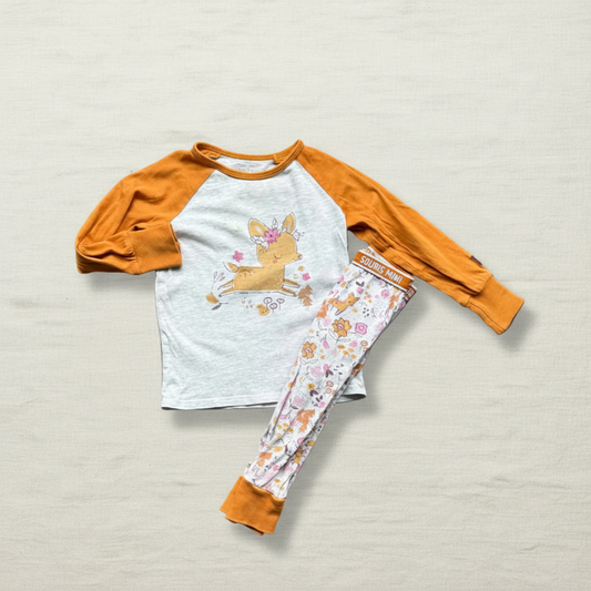 Ensemble pyjama bébé 9-12 mois, haut raglan orange et blanc, bas à motifs animaux