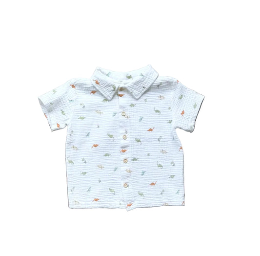 Chemise garçon 3 ans à manches courtes bleu clair, boutonnée, motifs dinosaures