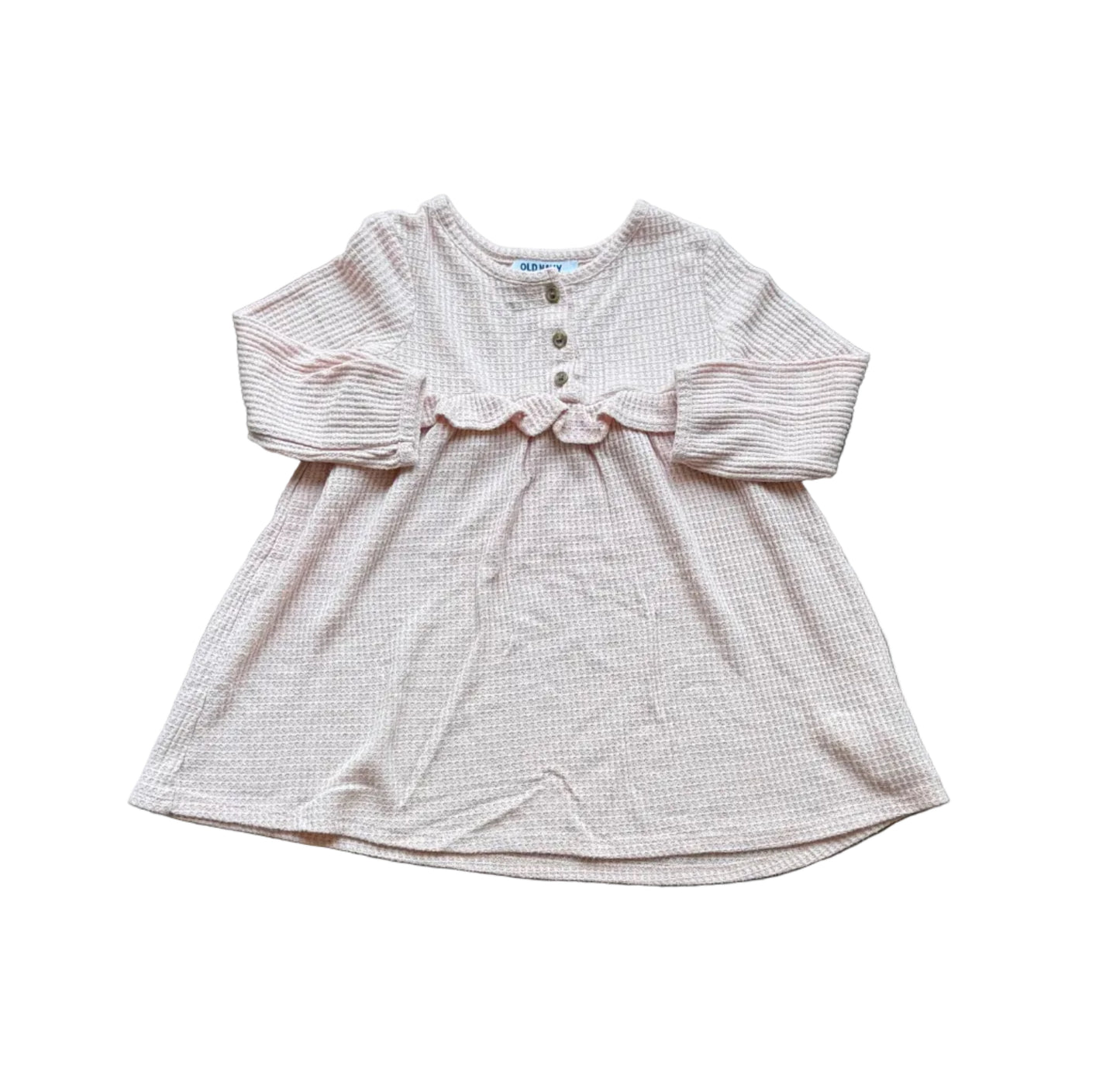 Robe enfant 3 ans rose crème, manches longues, encolure à volants, boutonnage