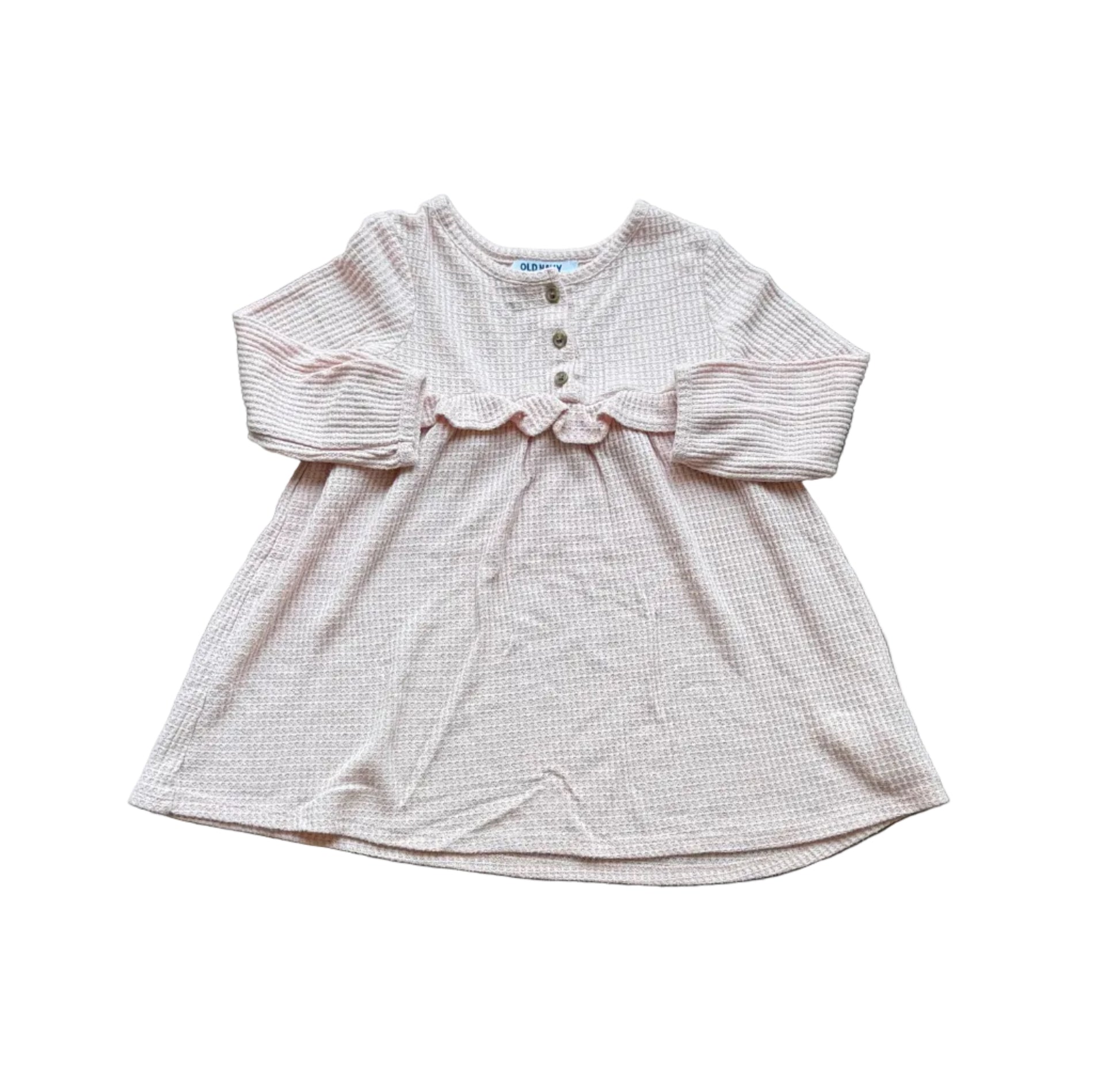 Robe enfant 3 ans rose crème, manches longues, encolure à volants, boutonnage