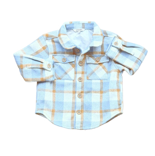 Manteau veste enfant 4 ans à carreaux bleu clair et beige, boutonné