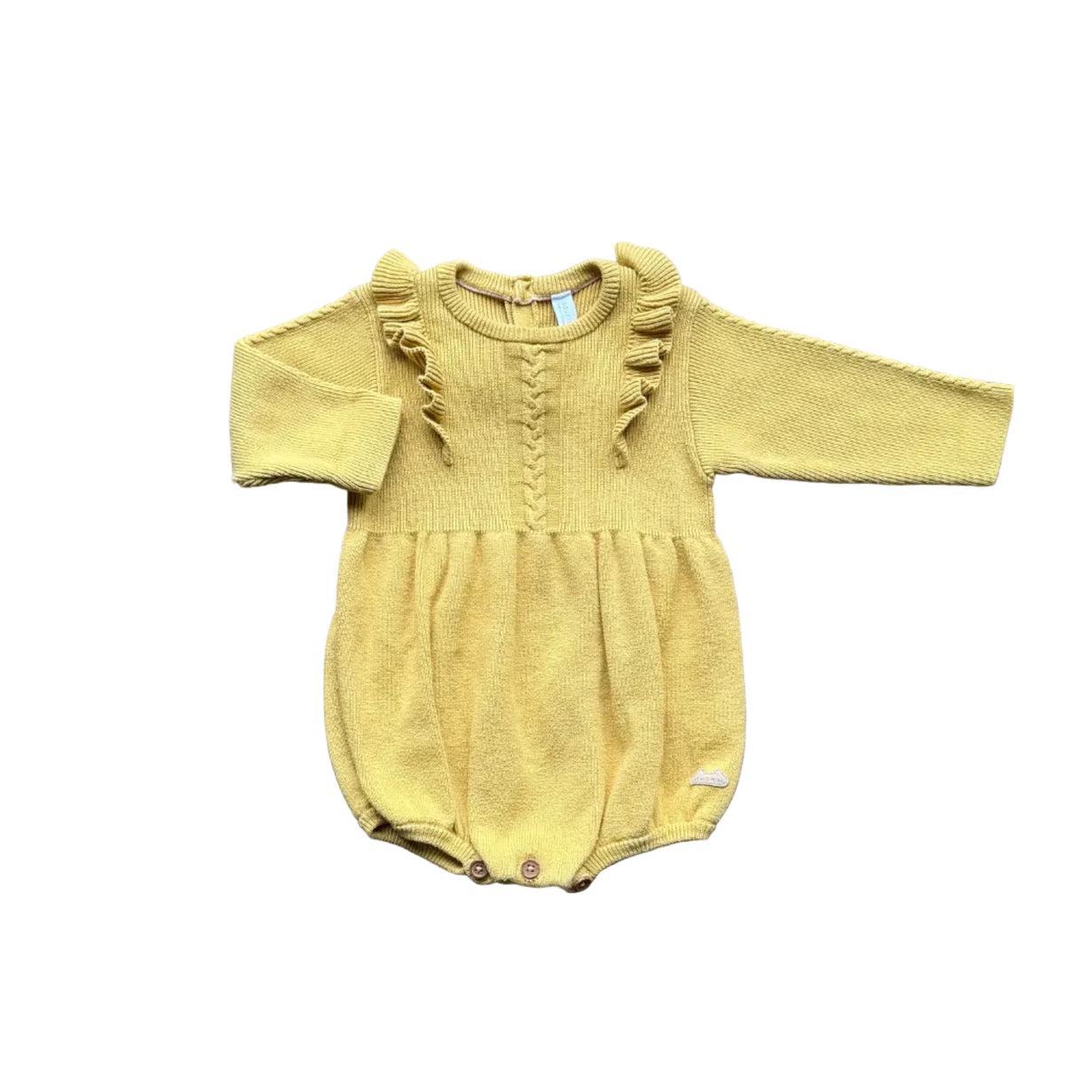 Barboteuse bébé jaune moutarde 6-9 mois, manches longues, encolure ronde, boutons-pression.