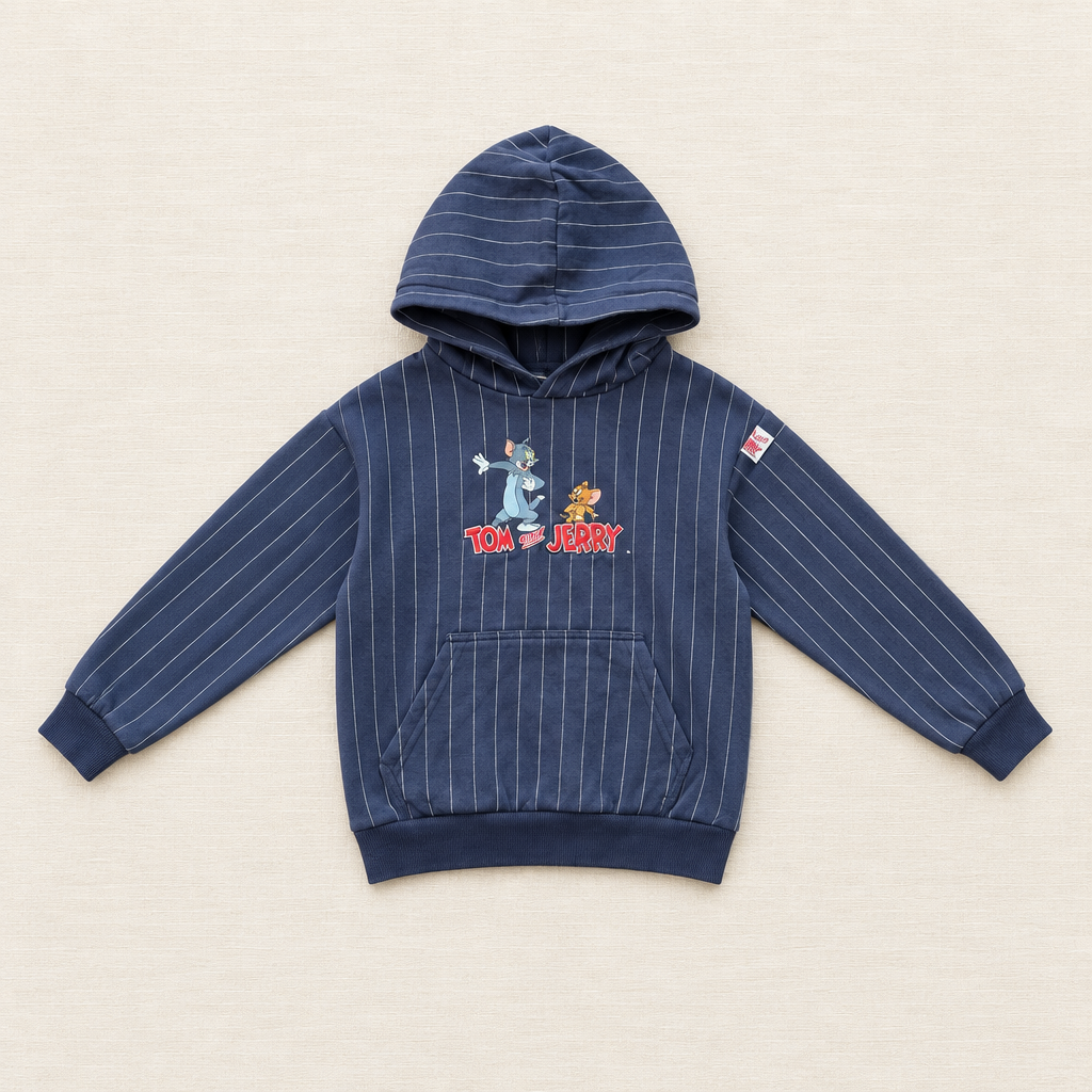 Sweat à capuche enfant rayé bleu marine H&M, poche kangourou et impression Tom & Jerry