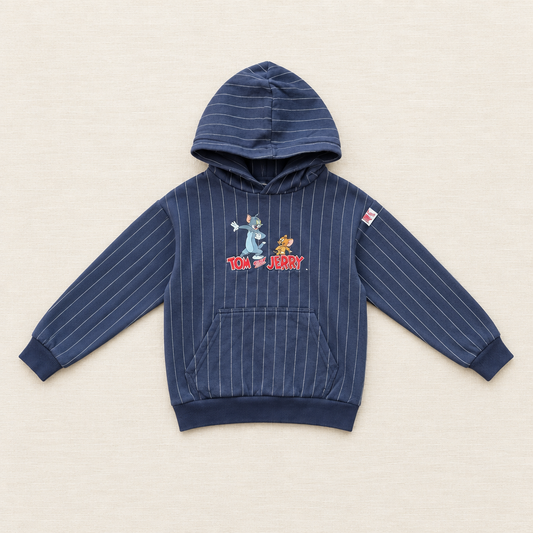 Sweat à capuche enfant rayé bleu marine H&M, poche kangourou et impression Tom & Jerry