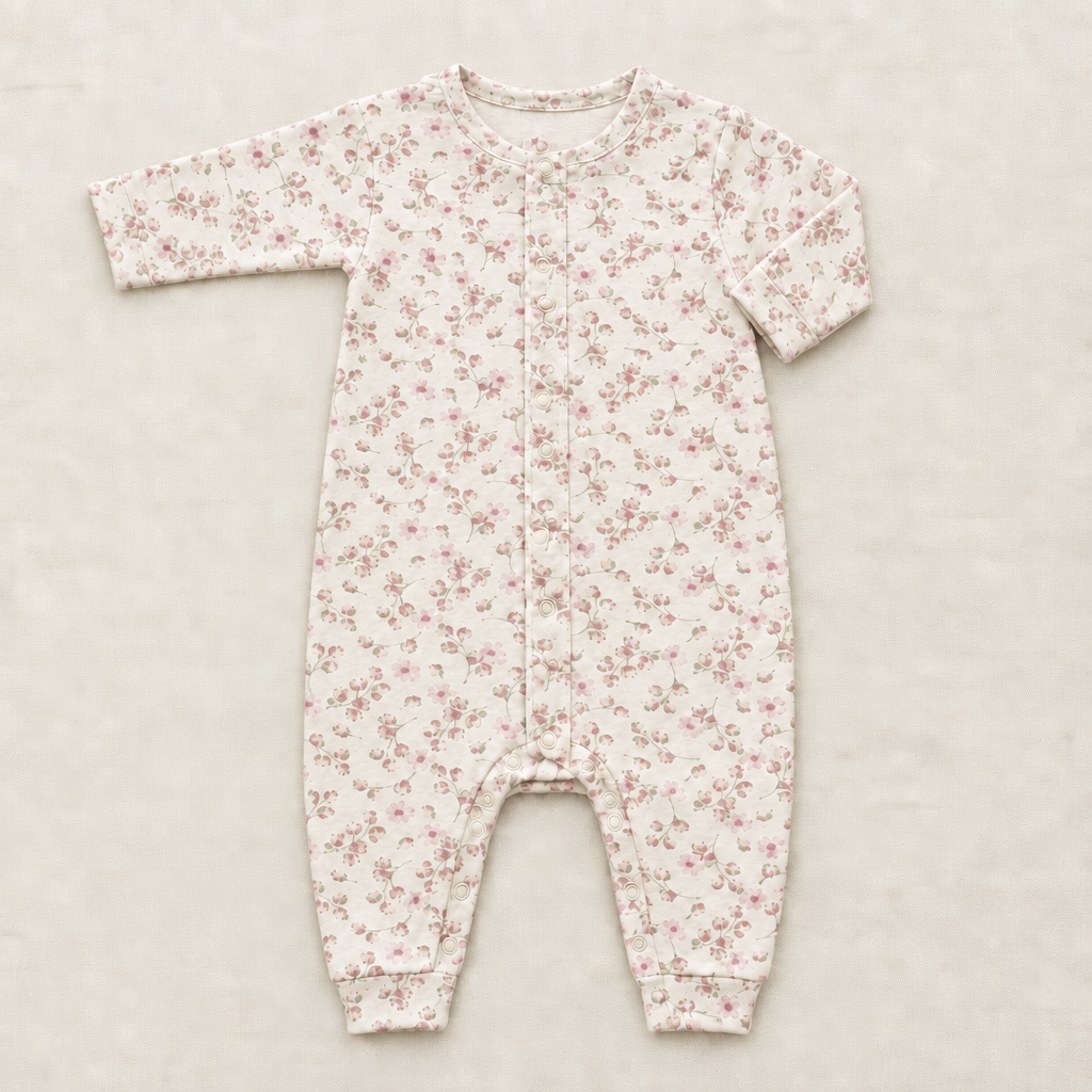Pyjama grenouillère bébé à manches longues, motif floral, fermeture boutonnée