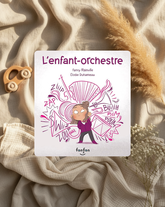 Livre jeunesse L’enfant-orchestre à couverture illustrée, fond clair et lettres roses.