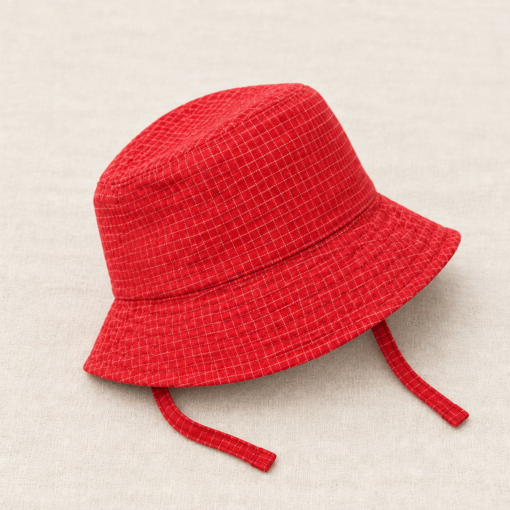 Chapeau bébé trigolo rouge en tissu à carreaux, avec cordons à nouer