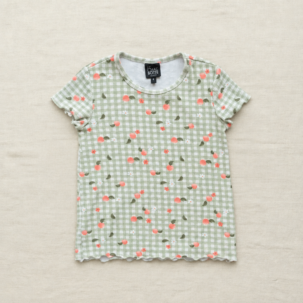 T-shirt enfant vert à carreaux, motif cerises colorées, manches courtes